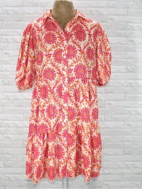 Shirt Dress Button Up Floral Mandala Beach Resortwear Oversized Pink Orange XL
